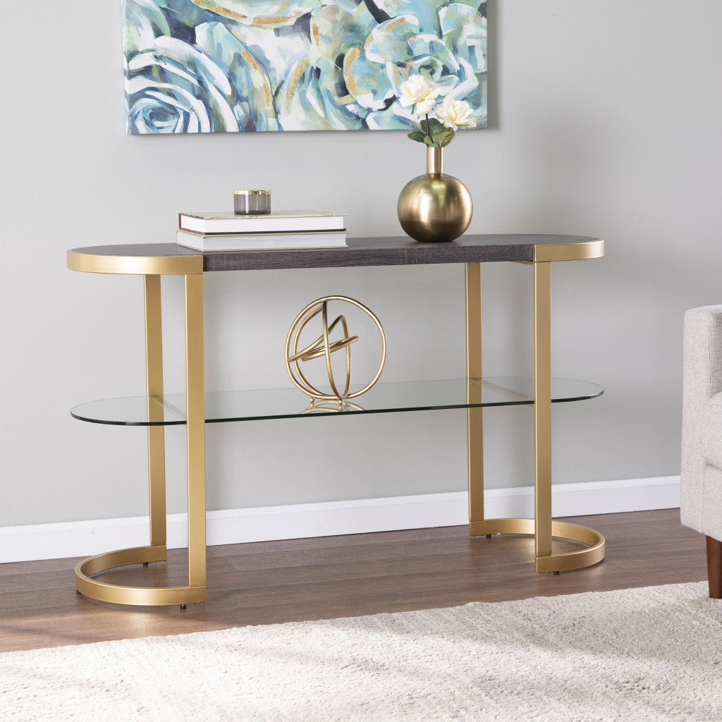 49" Gray and Gold Solid Wood Oval Sled Console Table With Storage