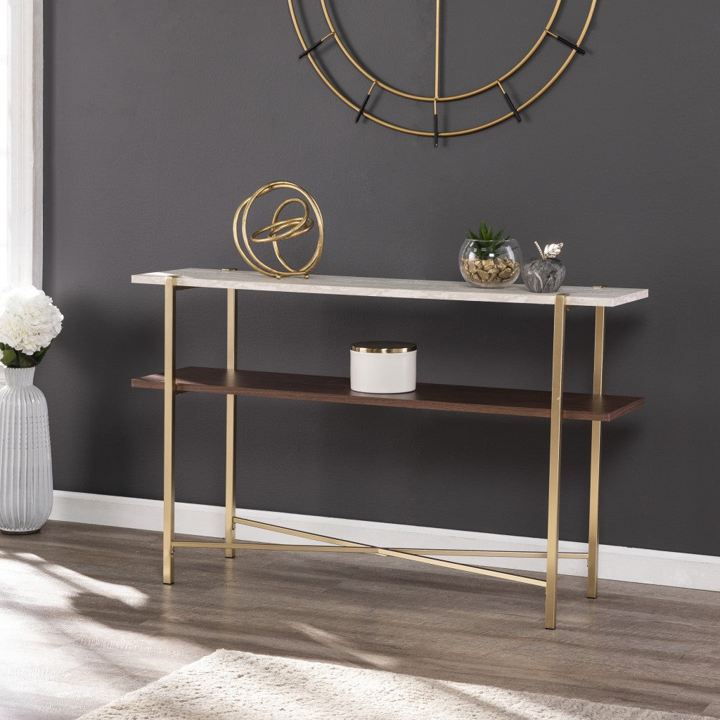 47" Beige and Gold Faux Marble Frame Console Table With Storage
