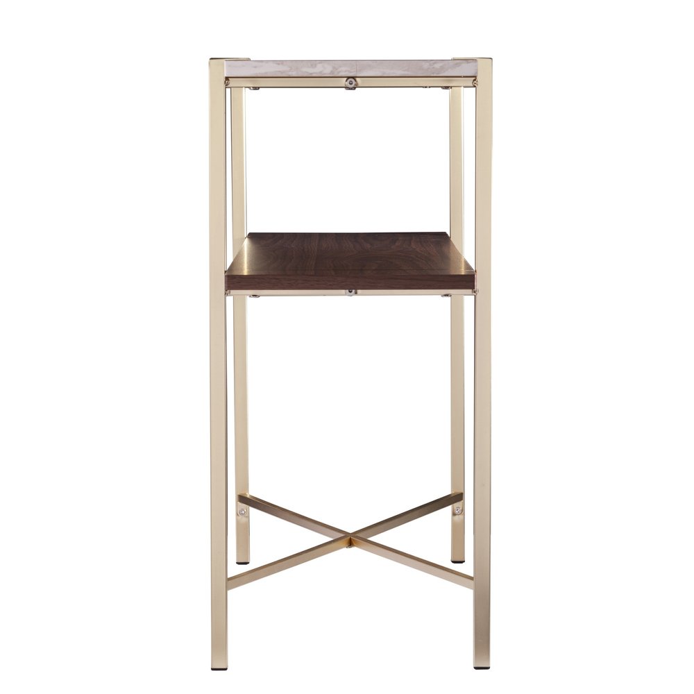 47" White Brass and Brown Faux Marble Console Table With Shelf
