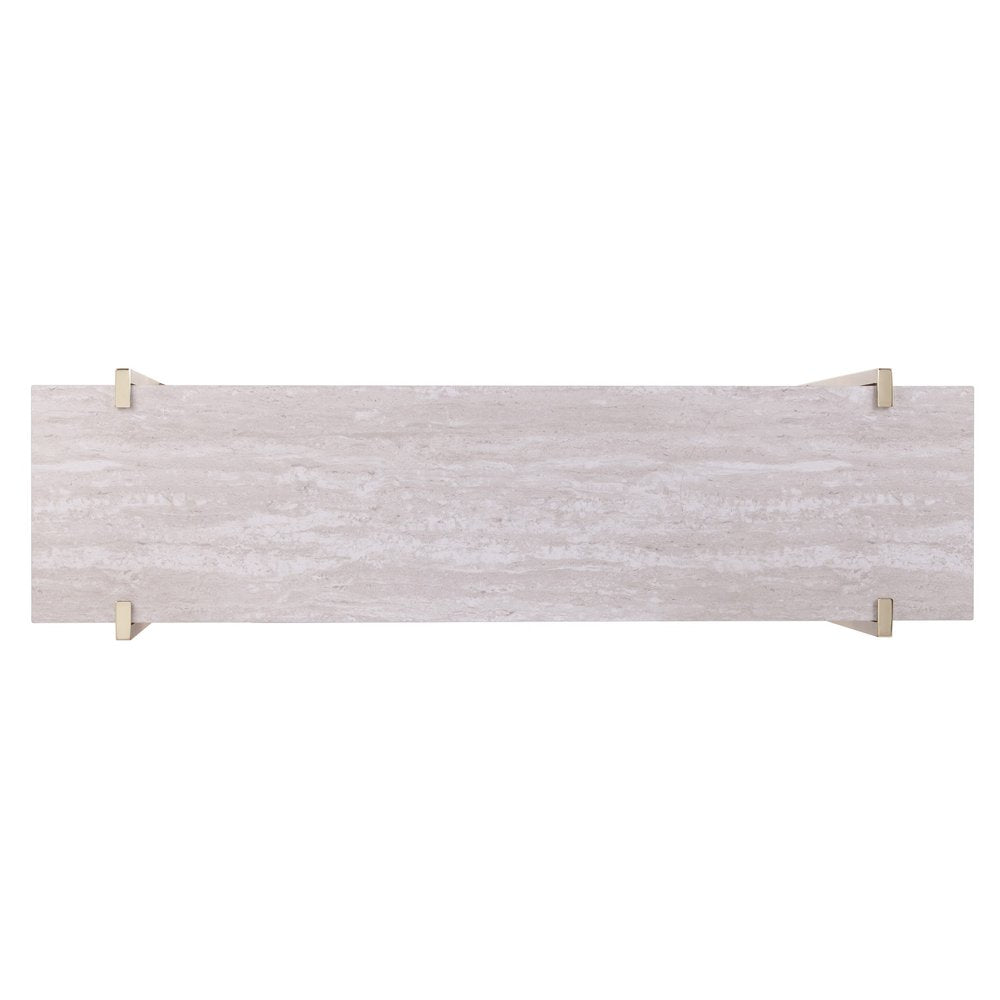 47" White Brass and Brown Faux Marble Console Table With Shelf
