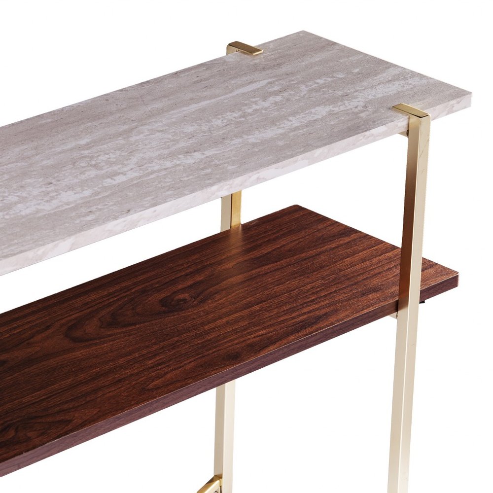 47" White Brass and Brown Faux Marble Console Table With Shelf
