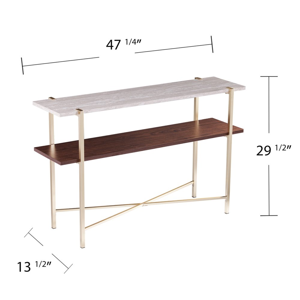 47" White Brass and Brown Faux Marble Console Table With Shelf