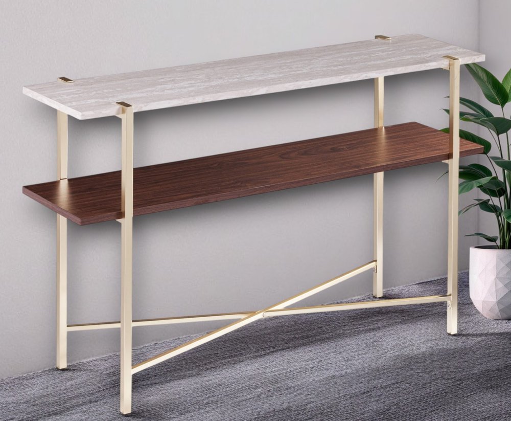 47" White Brass and Brown Faux Marble Console Table With Shelf