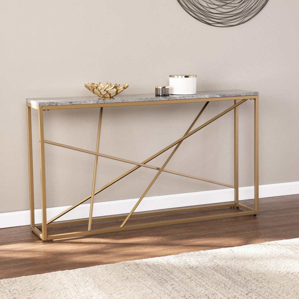 52" Gray and Gold Faux Marble Frame Console Table
