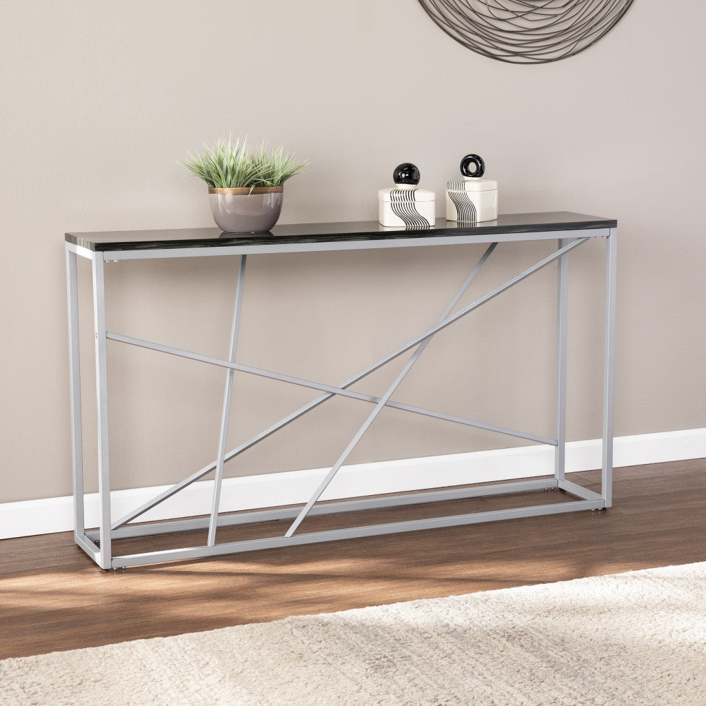 52" Black and Silver Faux Stone Frame Console Table