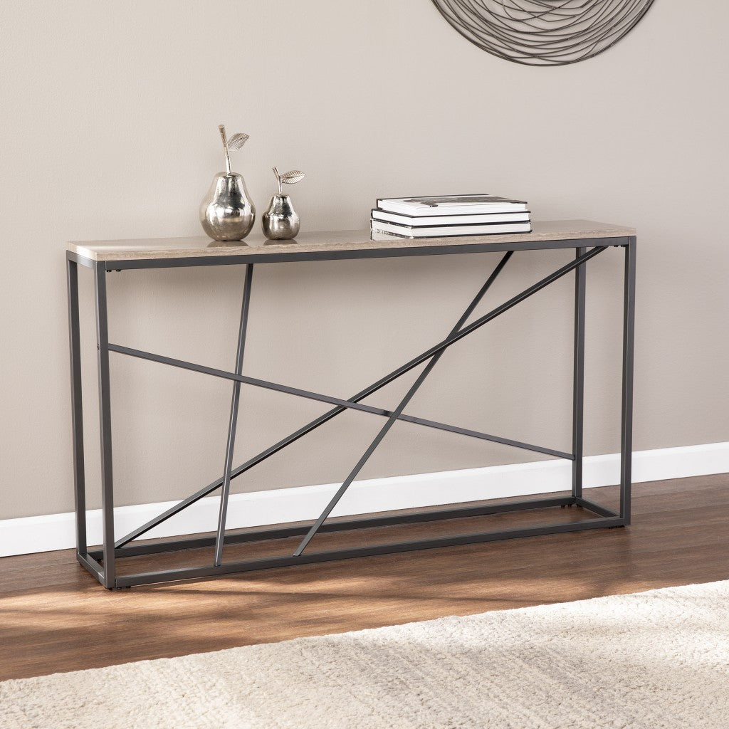 52" Taupe and Gray Faux Stone Frame Console Table