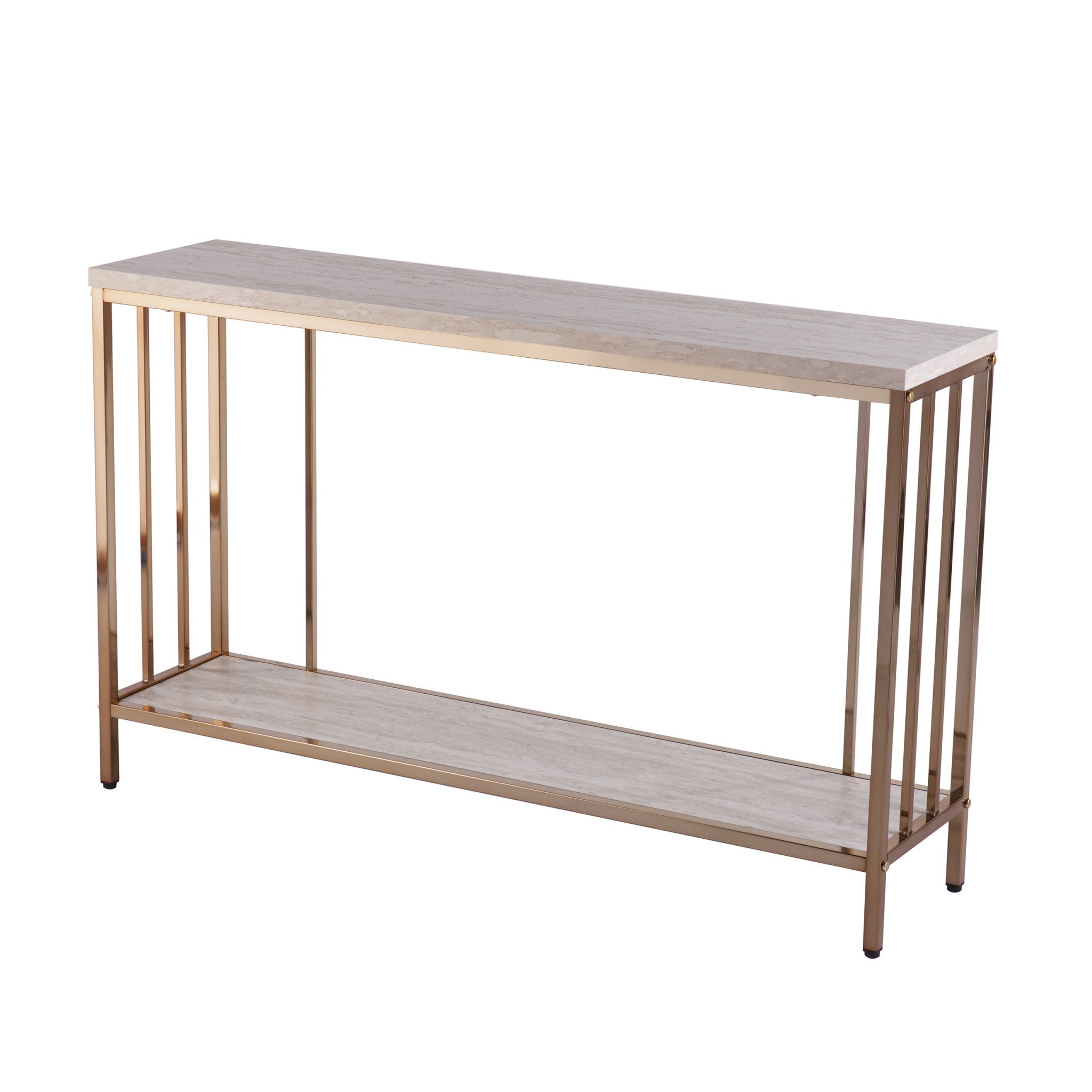 48" Champagne and Gold Faux Stone Floor Shelf Console Table With Storage