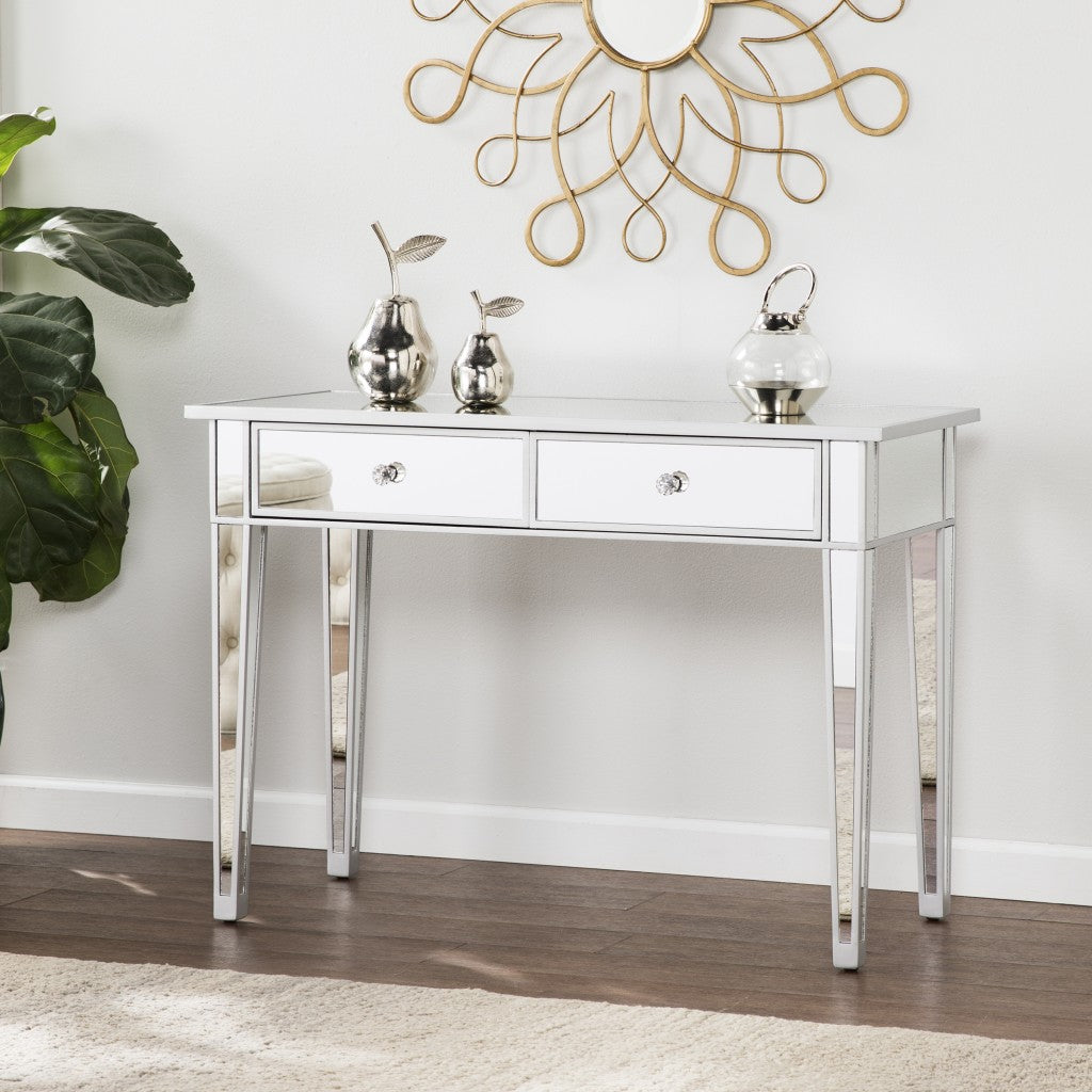 40" Silver Mirrored Glass Console Table With Storage