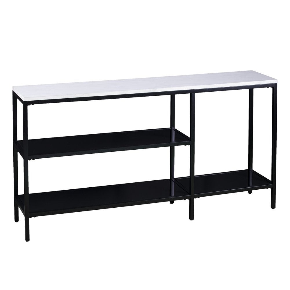56" White and Black Faux Marble Frame Console Table Two Shelves