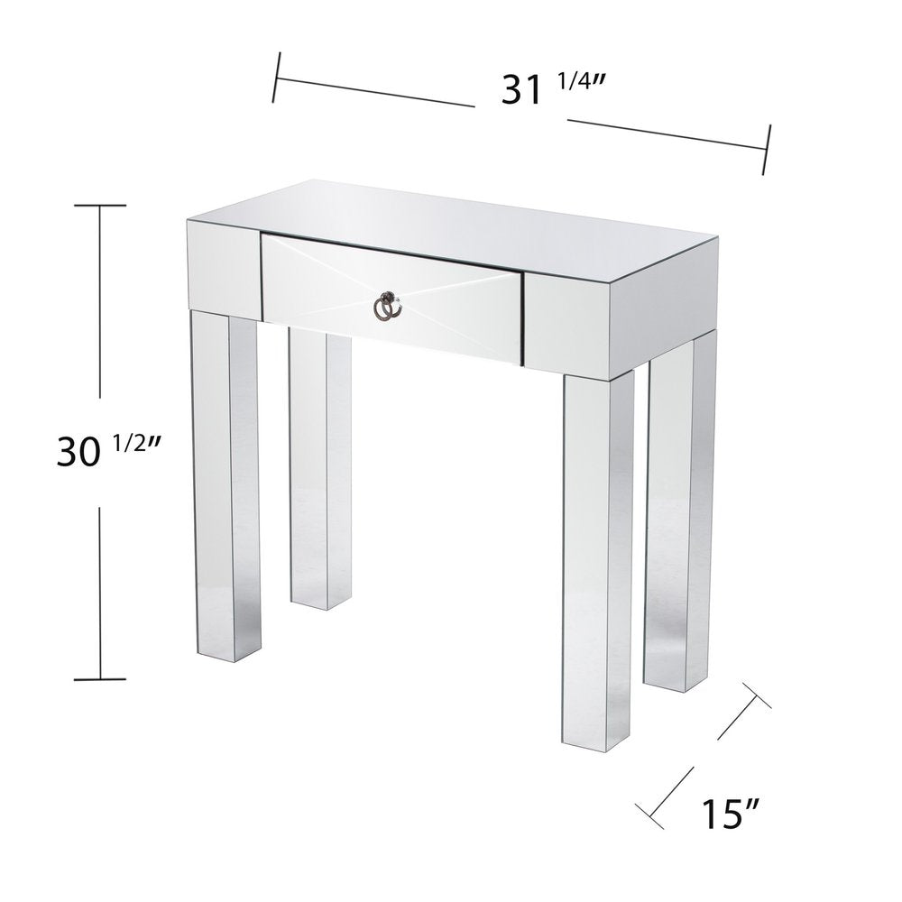 31" Silver Mirrored Glass Console Table With Storage