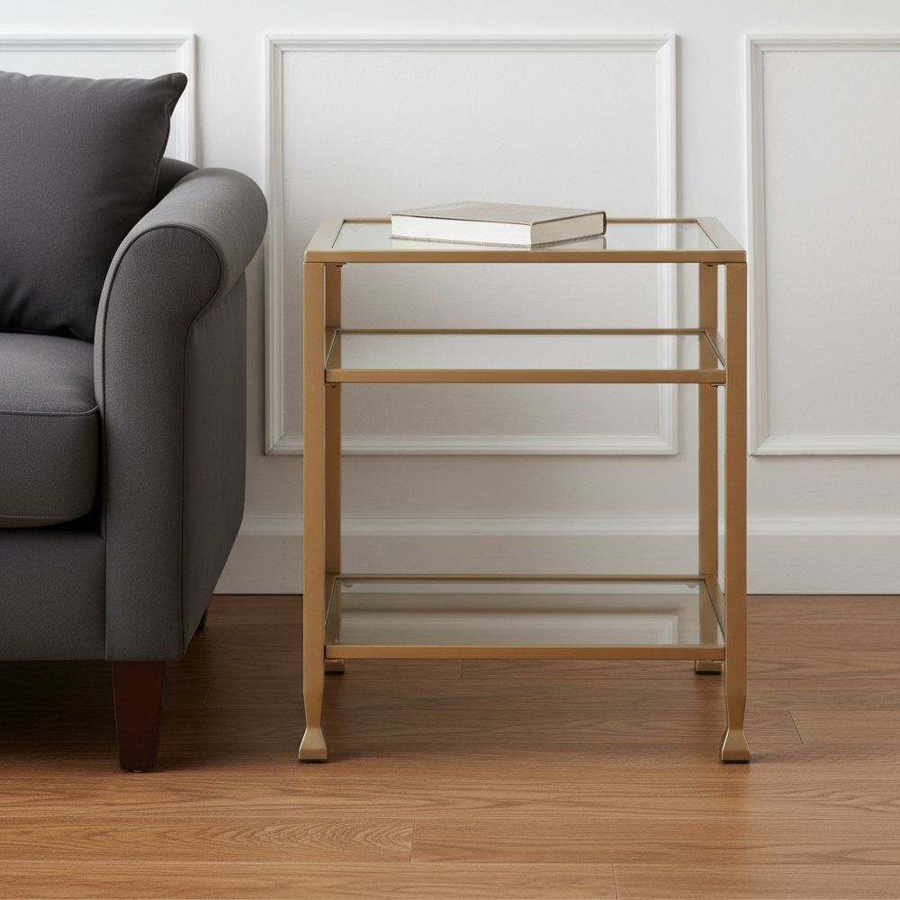 24" Gold Glass And Iron Rectangular End Table With Two Shelves