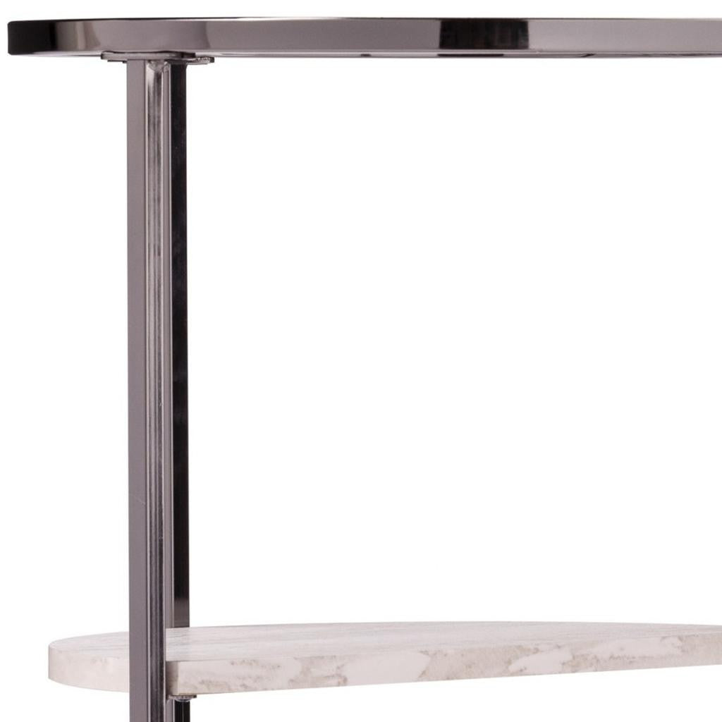 24" Black Metal Glass And Faux Marble Round End Table With Two Shelves
