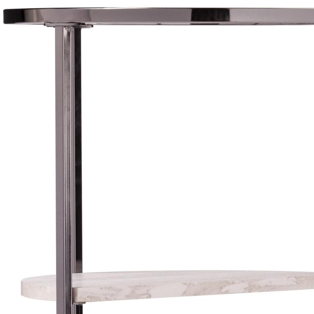 24" Black Metal Glass And Faux Marble Round End Table With Two Shelves