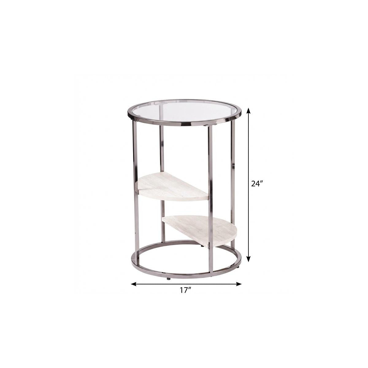 24" Black Metal Glass And Faux Marble Round End Table With Two Shelves