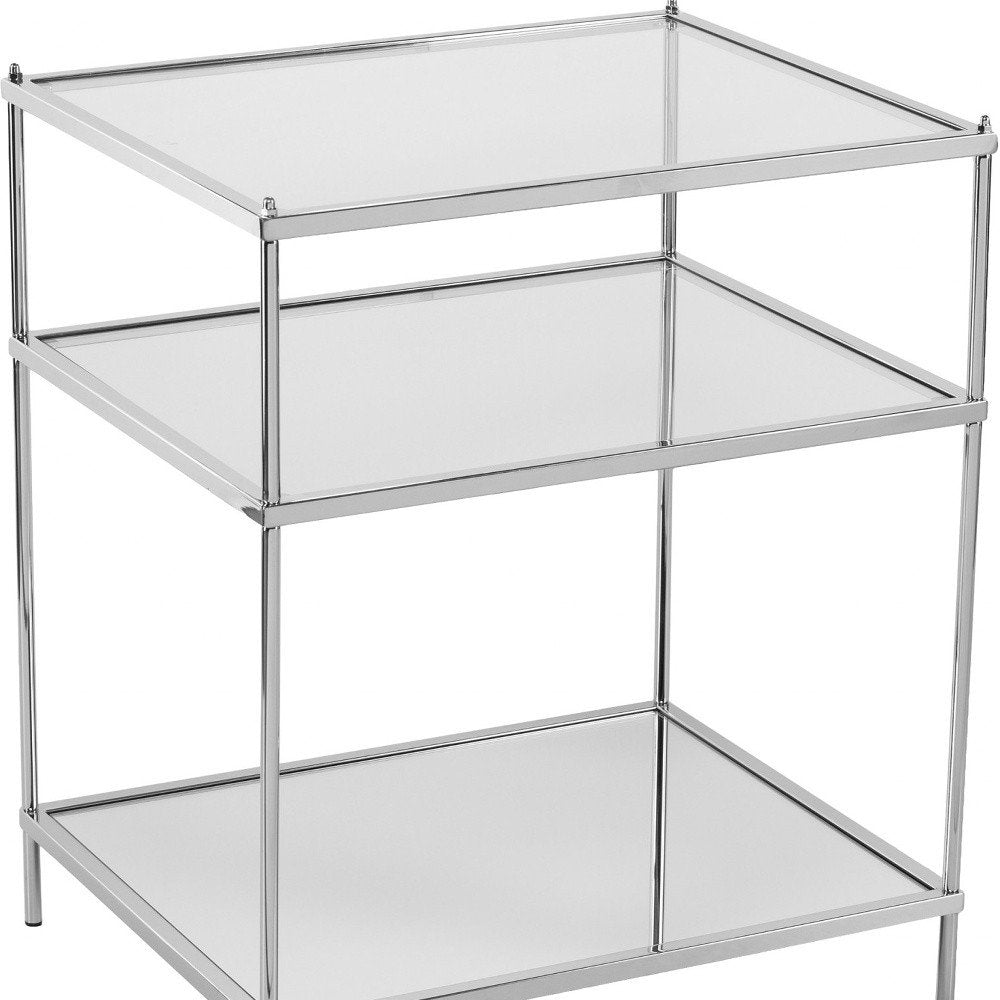 27" Silver Mirrored Glass And Iron End Table With Shelf