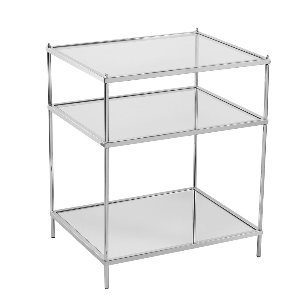 27" Silver Mirrored Glass And Iron End Table With Shelf