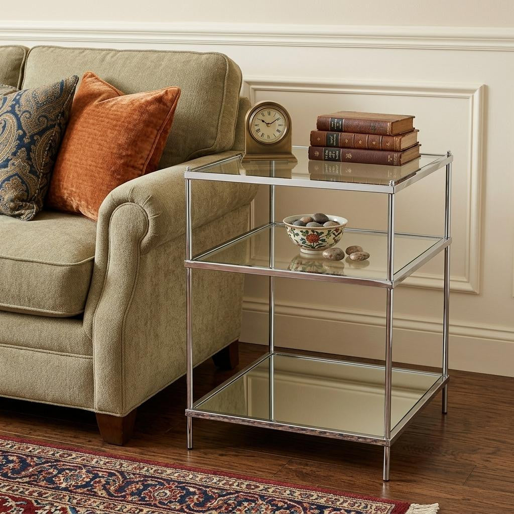 27" Silver Mirrored Glass And Iron End Table With Shelf