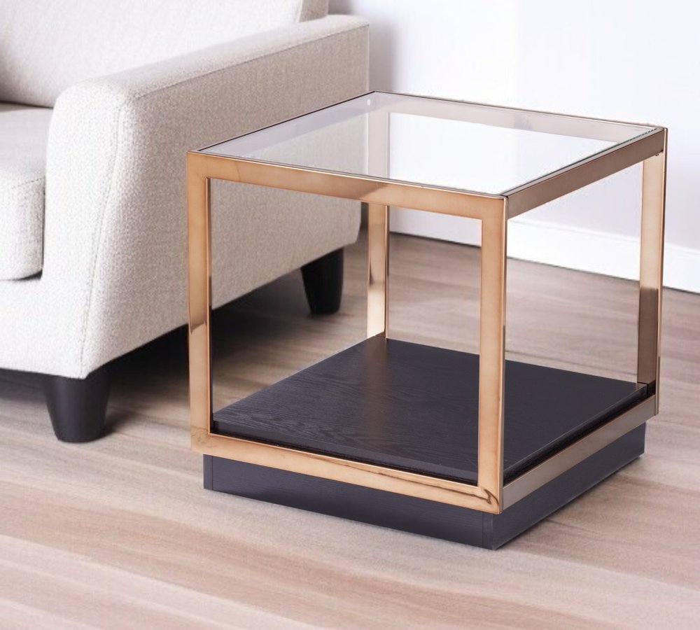 22" Champagne Glass And Iron Square Block End Table With Shelf