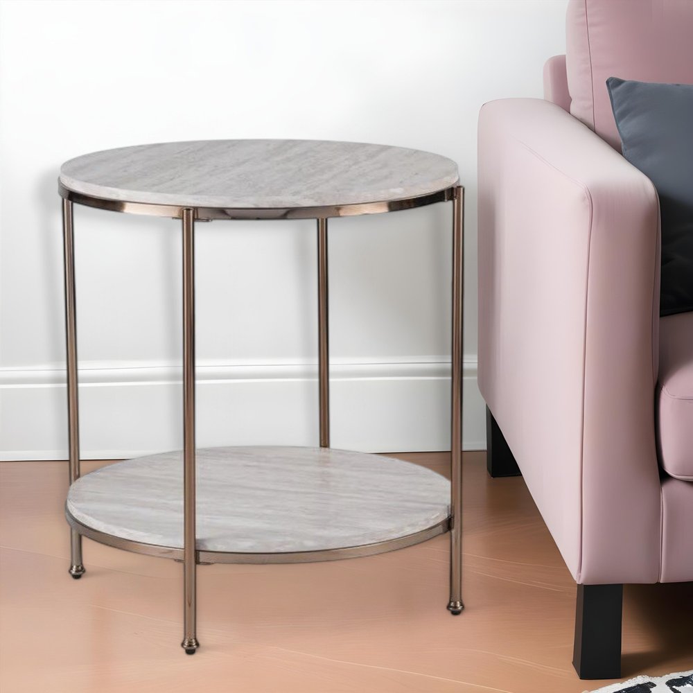 24" Champagne Faux Marble And Iron Round End Table With Shelf