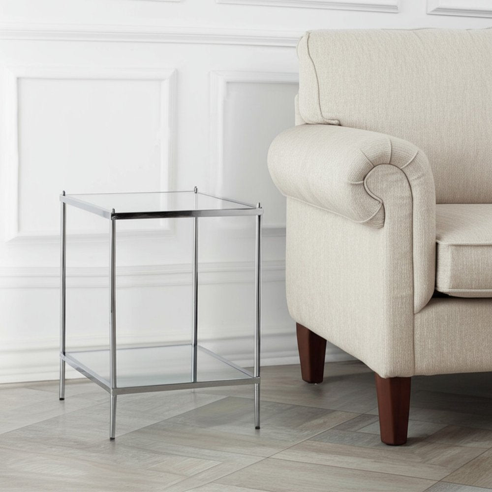 22" Chrome Glass And Iron Square Mirrored End Table