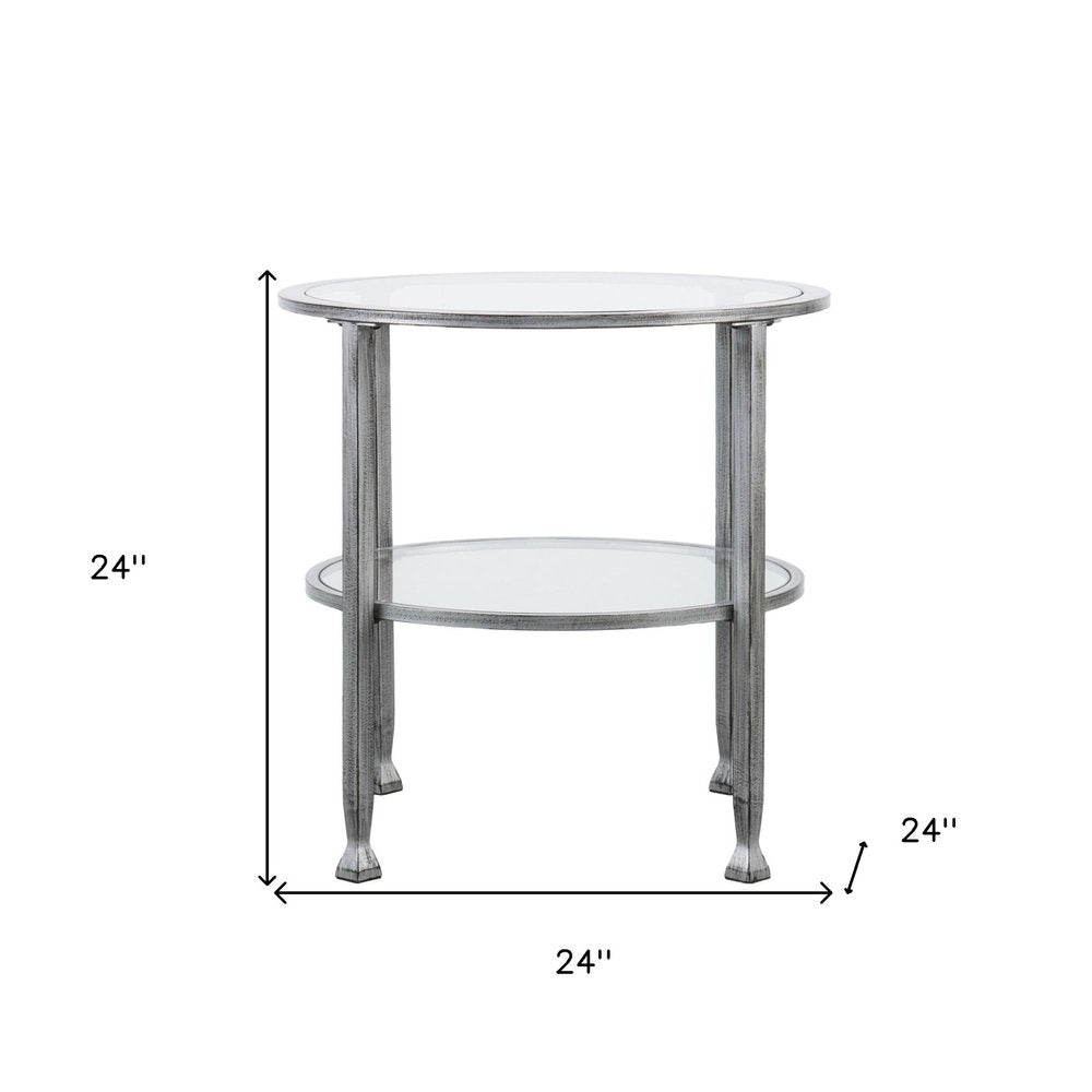 24" Silver And Clear Glass And Distressed Iron Round End Table With Shelf