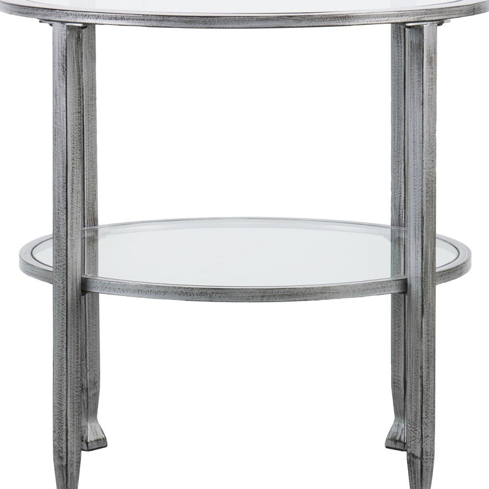 24" Silver And Clear Glass And Distressed Iron Round End Table With Shelf