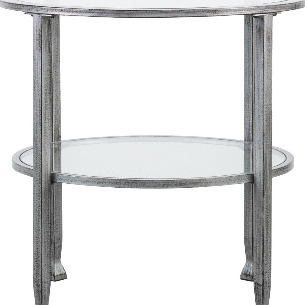 24" Silver And Clear Glass And Distressed Iron Round End Table With Shelf