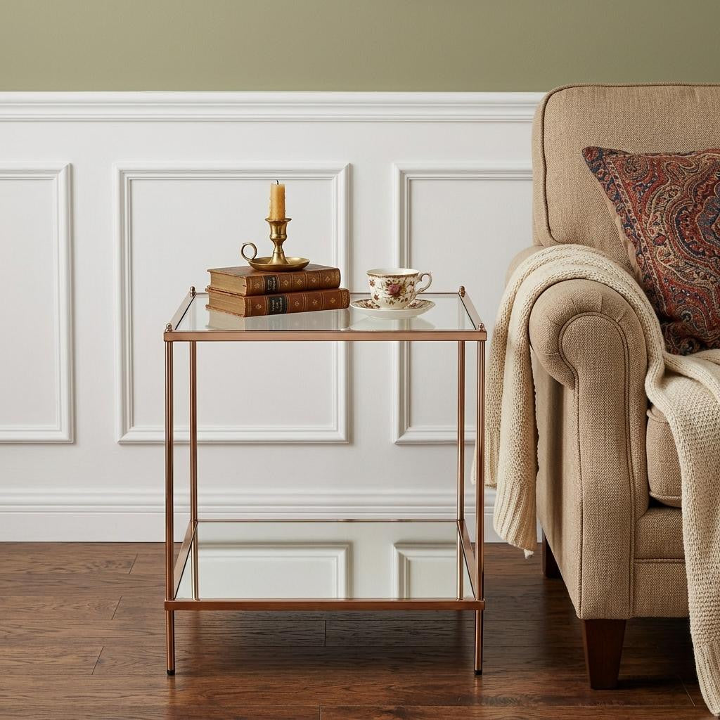 22" Clear And Gold Glass And Iron Square End Table With Shelf