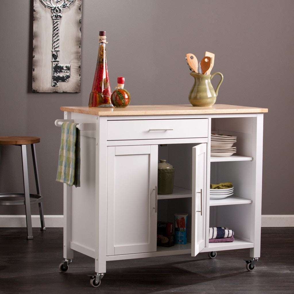 42" Natural and White Butcher Block and Iron Rolling Kitchen Cart With Storage