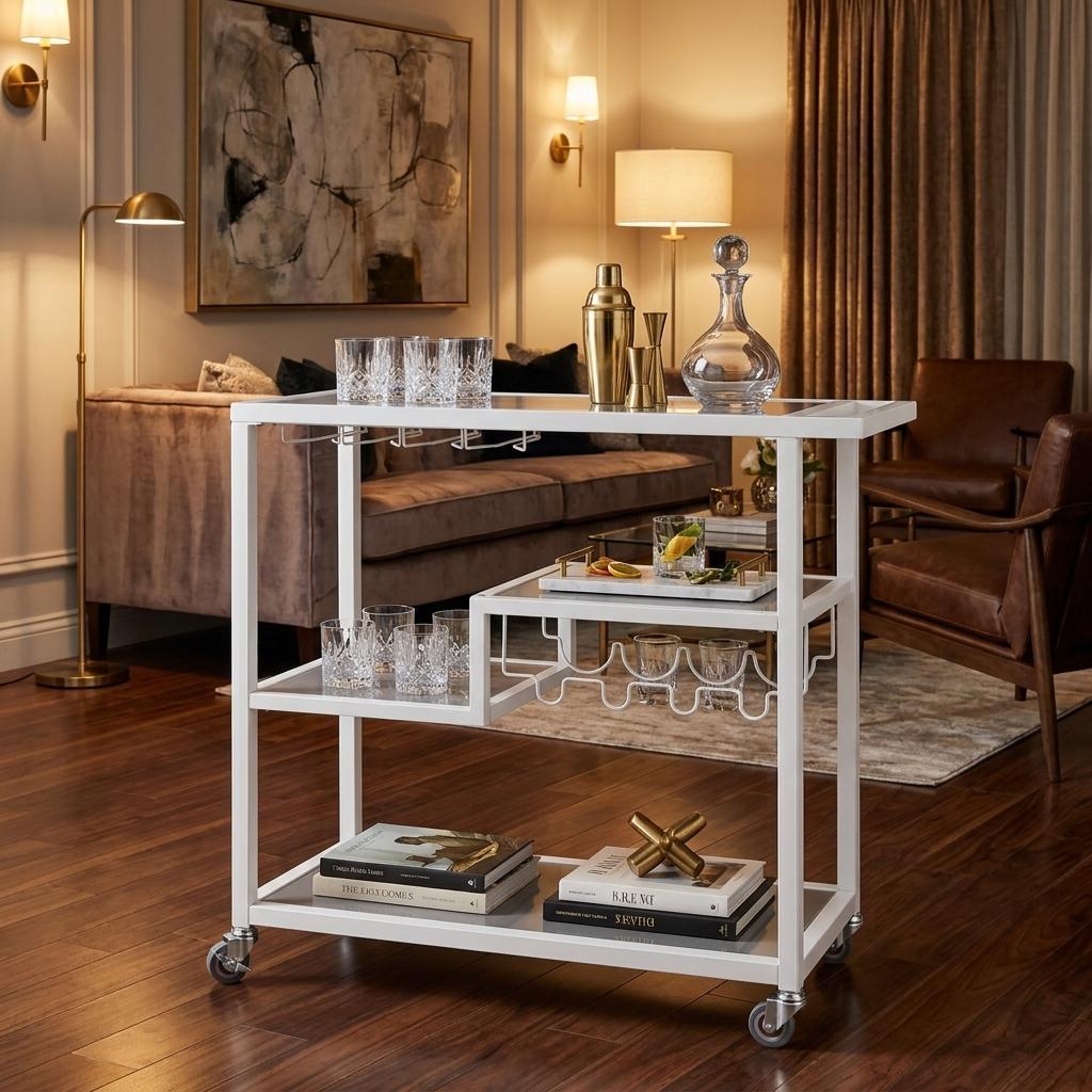 Gray and White Metal And Glass Rolling Bar Cart With Wine Storage