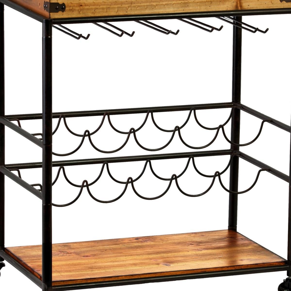 Brown and Black Metal And Solid Wood Rolling Bar Cart With Wine Storage