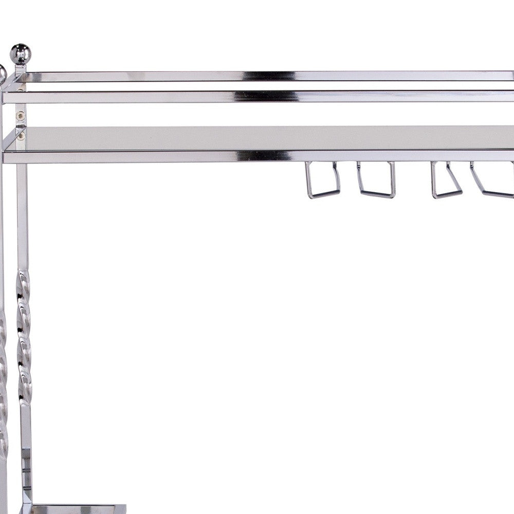 29" Silver Metal and Mirrored Glass Rolling Bar Cart With Wine Storage