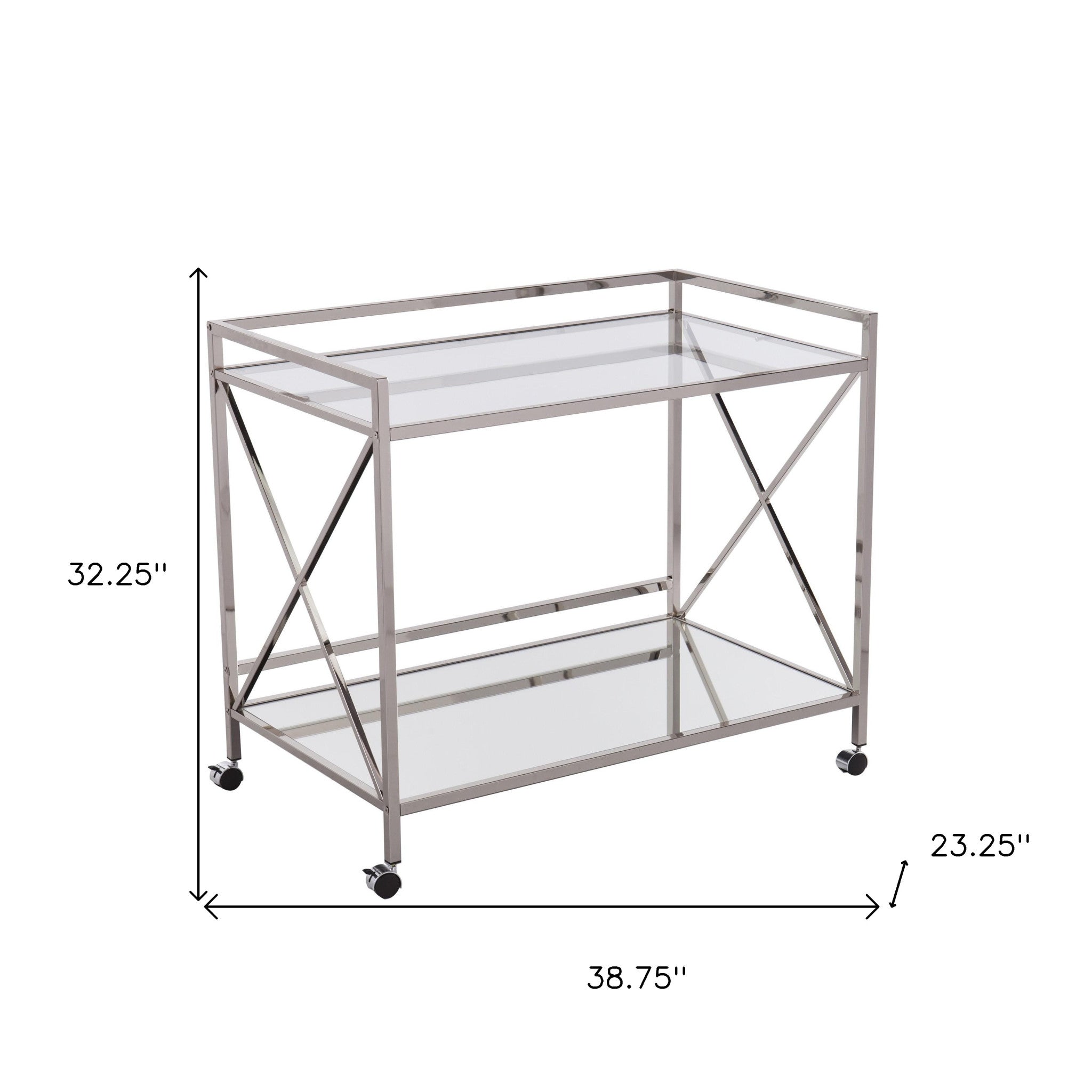 39" Silver Metal and Glass Rolling Bar Cart