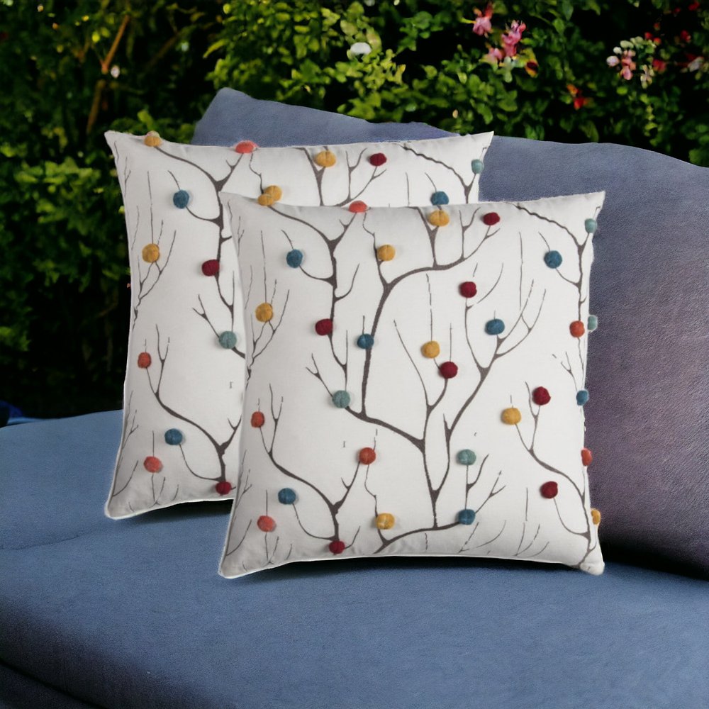 20" White And Black Coral Indoor Outdoor Throw Pillow With Pompoms