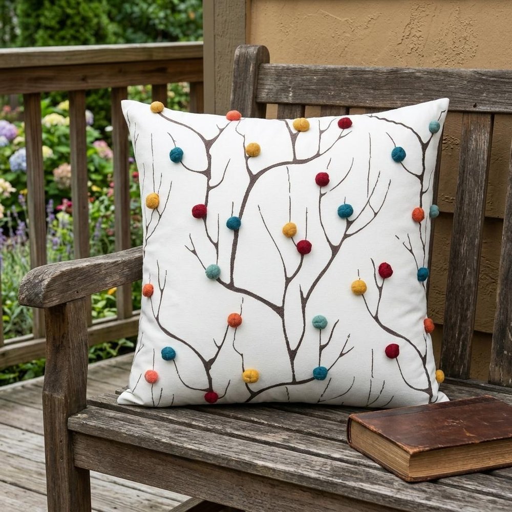 20" White And Black Coral Indoor Outdoor Throw Pillow With Pompoms