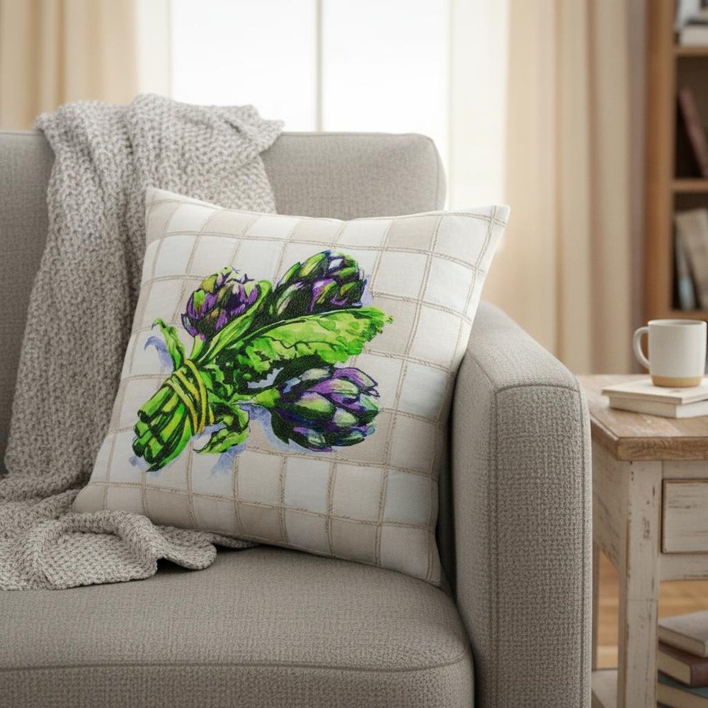 White Green Artichoke Waffled Throw Pillow