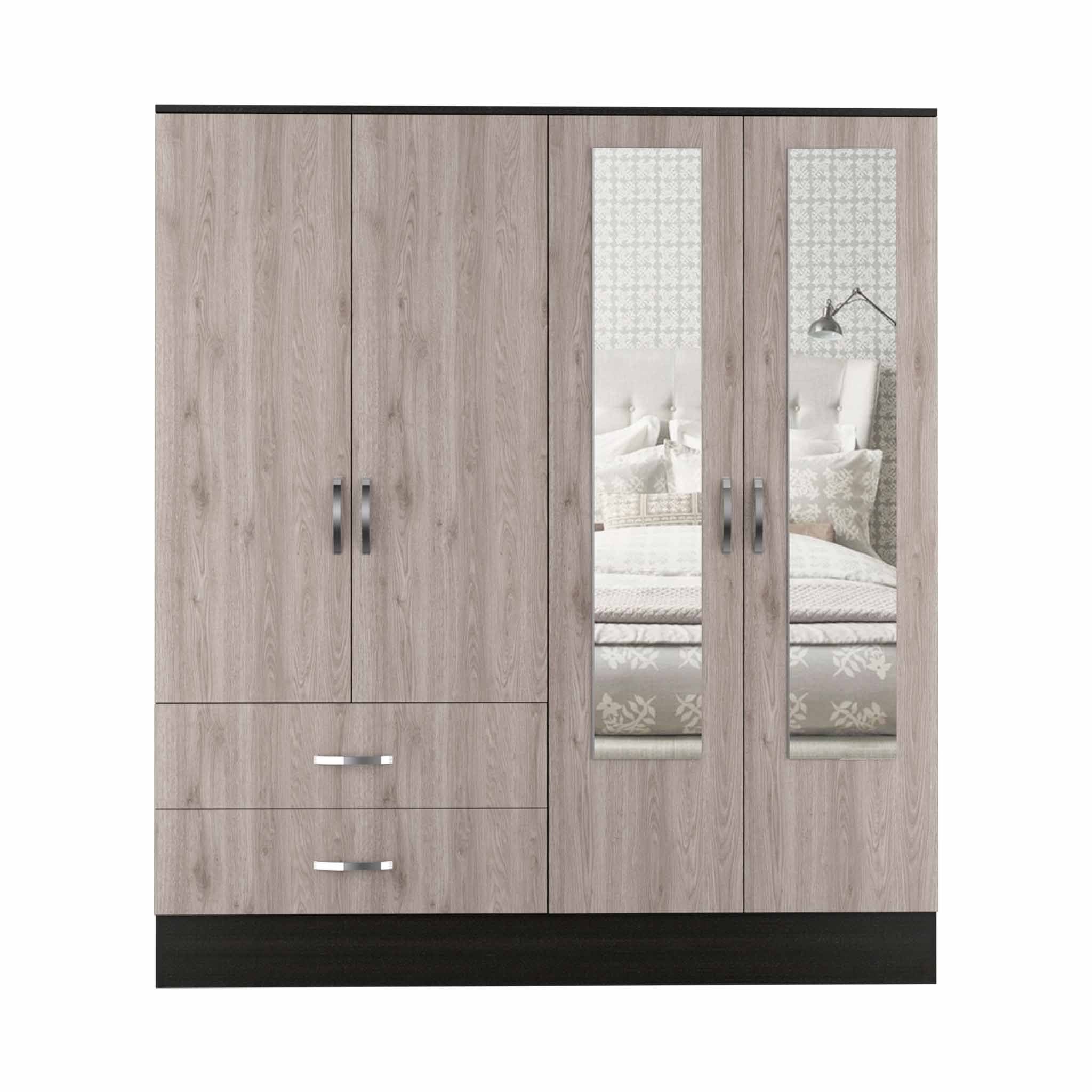 71" Light Oak and Black Four Door Wardrobe Closet with Mirrors