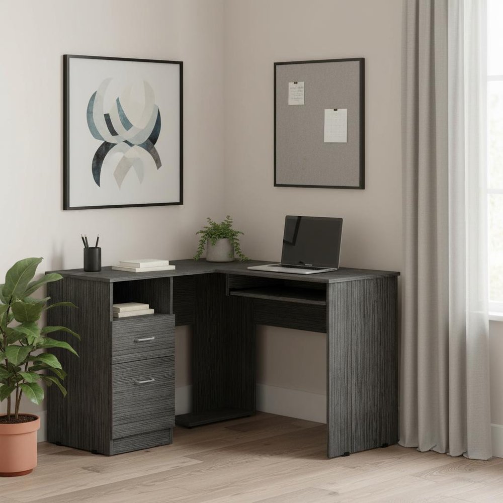 41" Gray L Shape Computer Desk With Two Drawers