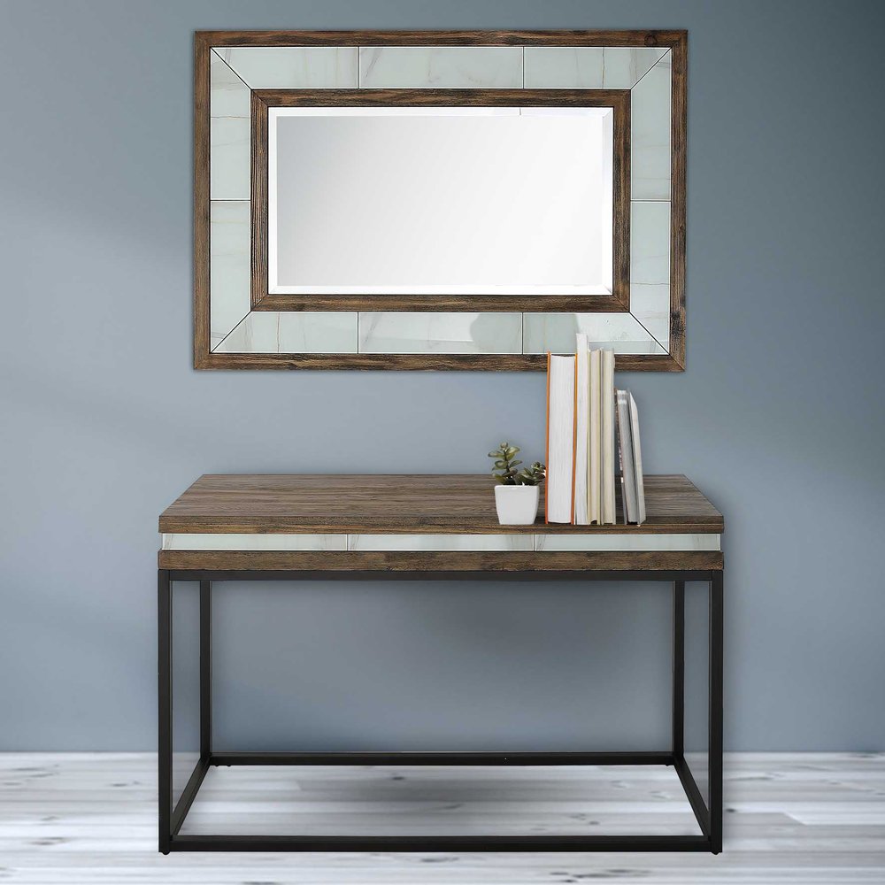 47" Brown White and Black Solid Wood And Faux Marble Sled Console Table