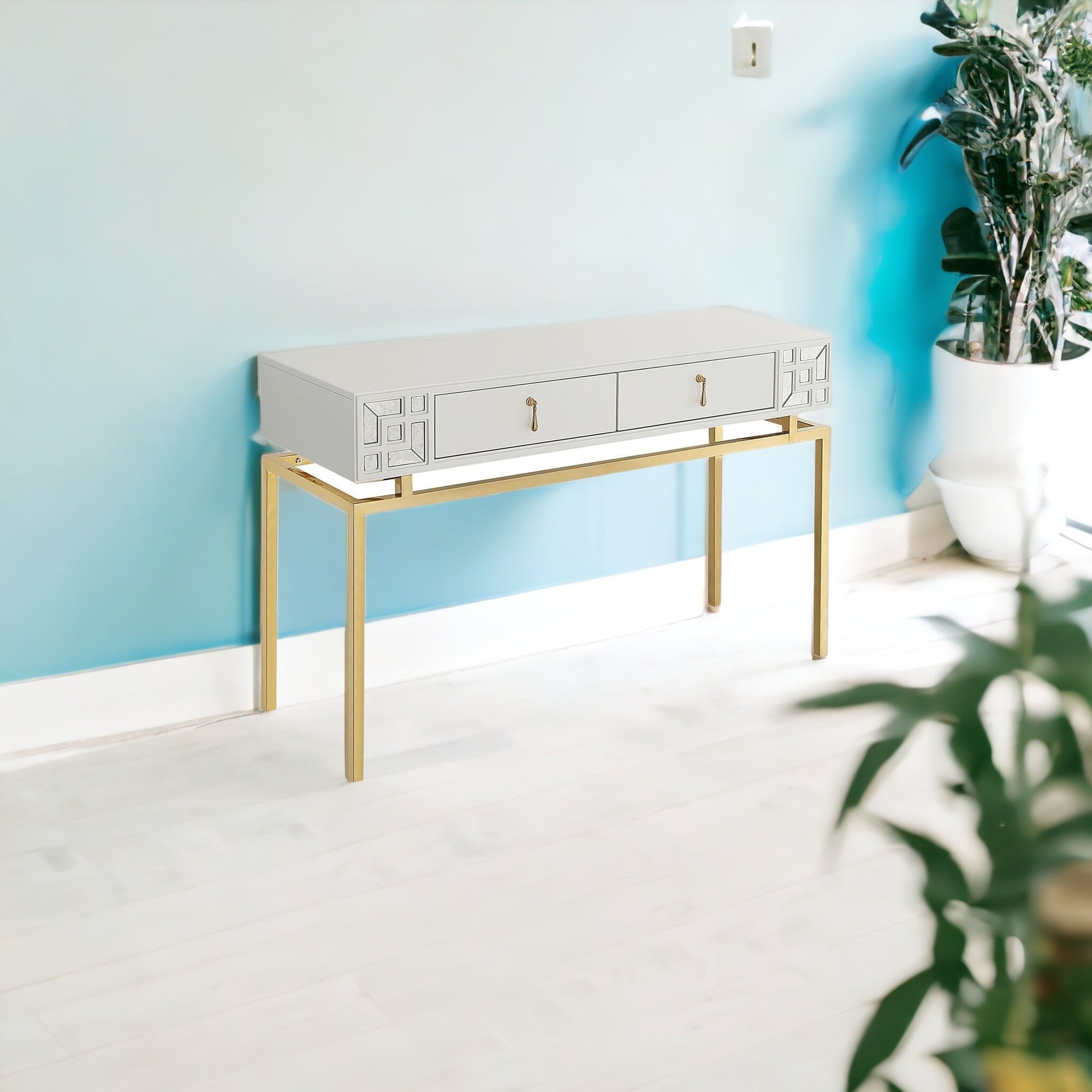 47" White and Gold Wood and Manufactured Wood Blend Mirrored Console Table With Storage