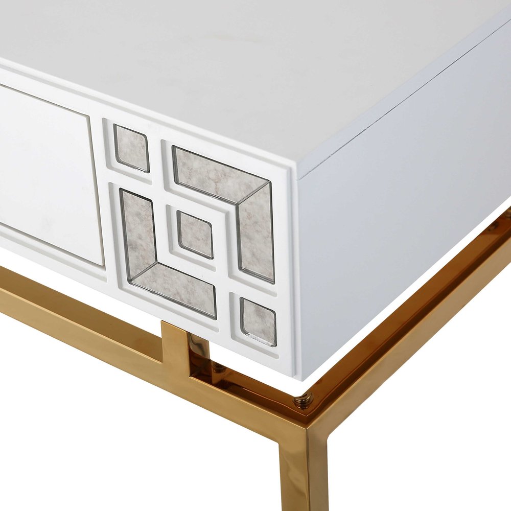 47" White and Gold Wood Console Table With Two Drawers