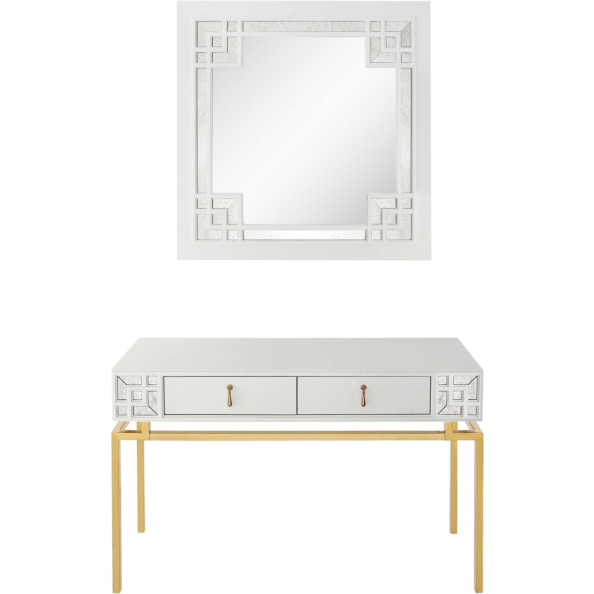 Set of Two 47" White and Gold Wood and Manufactured Wood Blend Mirrored Console Table And Drawers