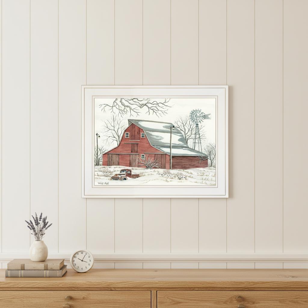 Winter Barn with Pickup Truck 1 White Framed Print Wall Art