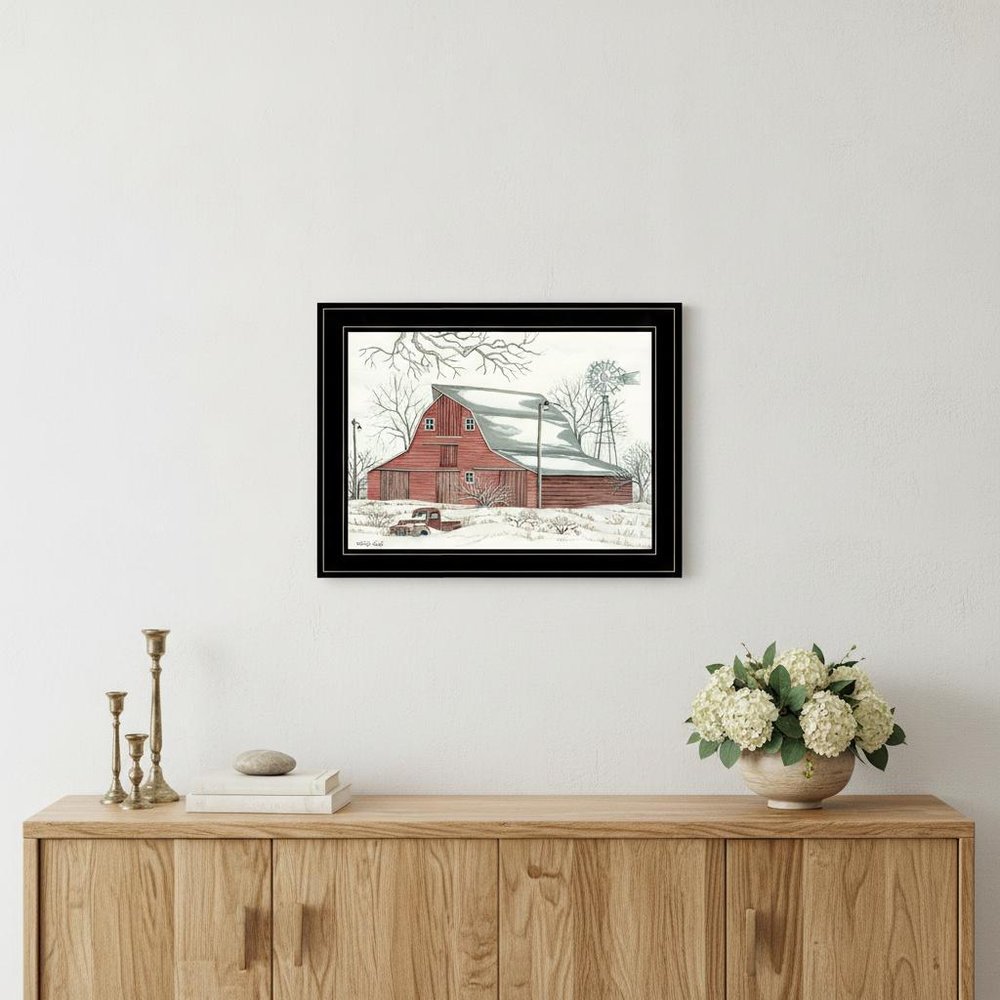 Winter Barn with Pickup Truck 2 Black Framed Print Wall Art