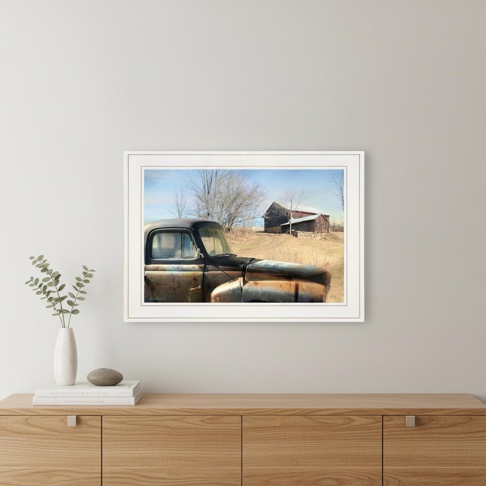 Vintage Farm Trucks 1 White Framed Print Wall Art