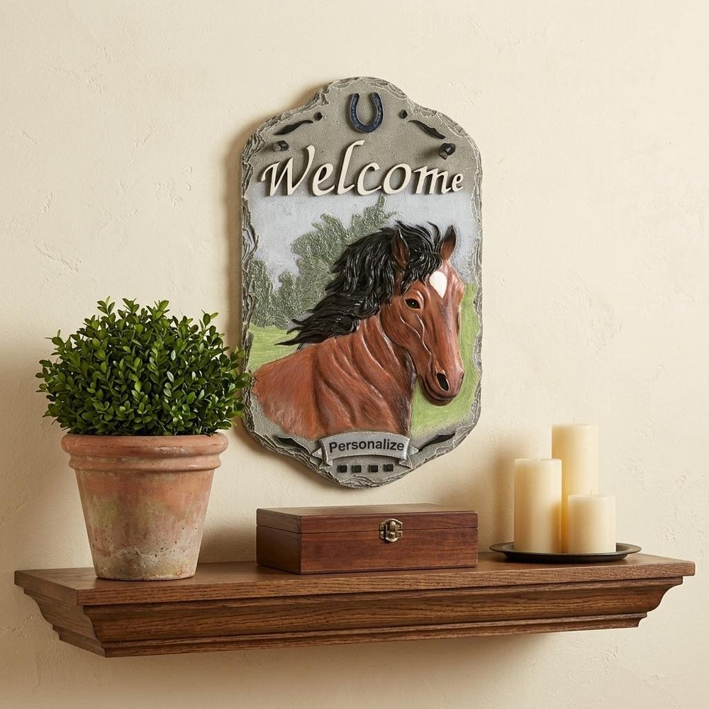 13" X 8" Gray Black And Brown Horse Welcome Resin Wall Decor