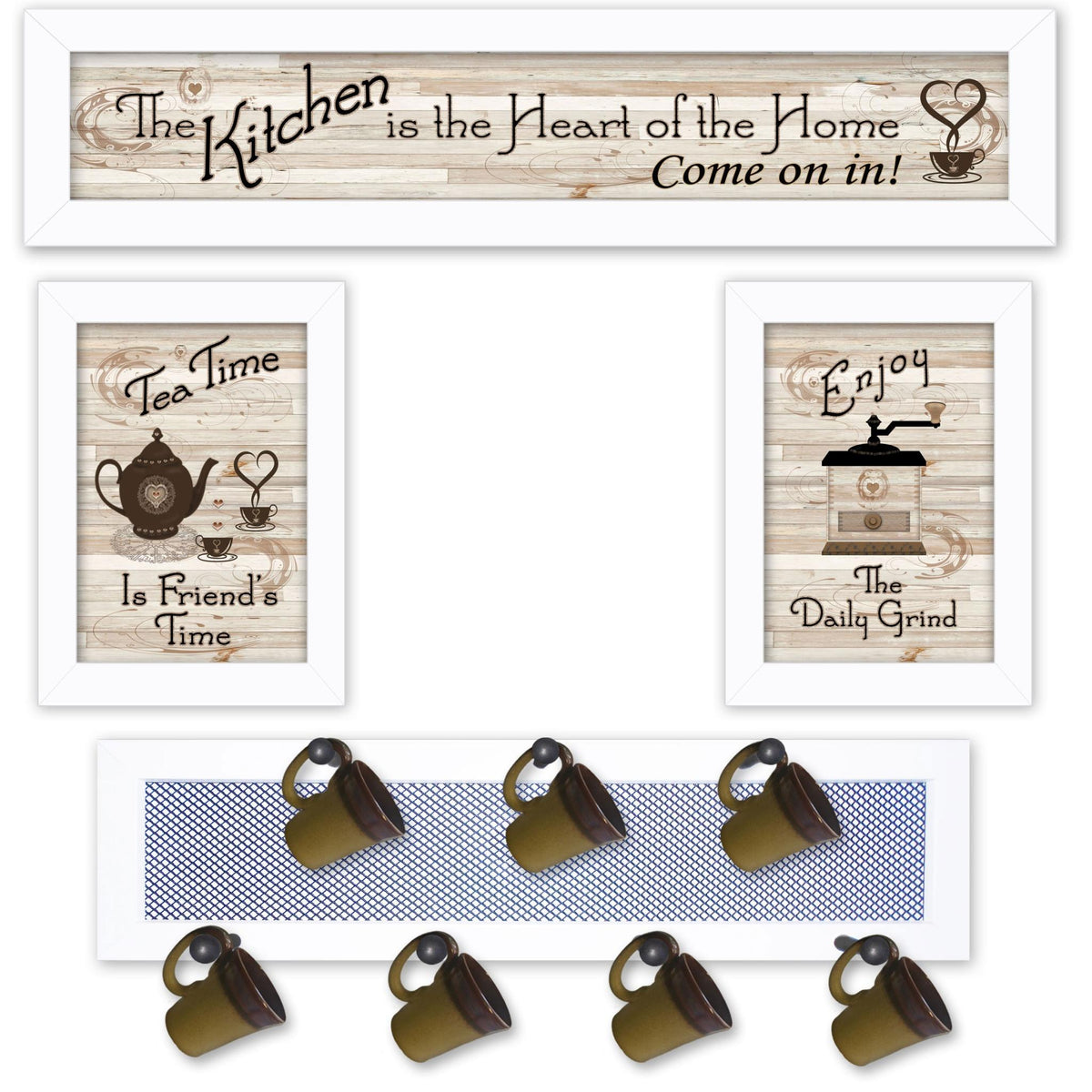 Set Of Four Kitchen Collection IV with Seven Peg Mug Rack 4 White Framed Kitchen Wall Art