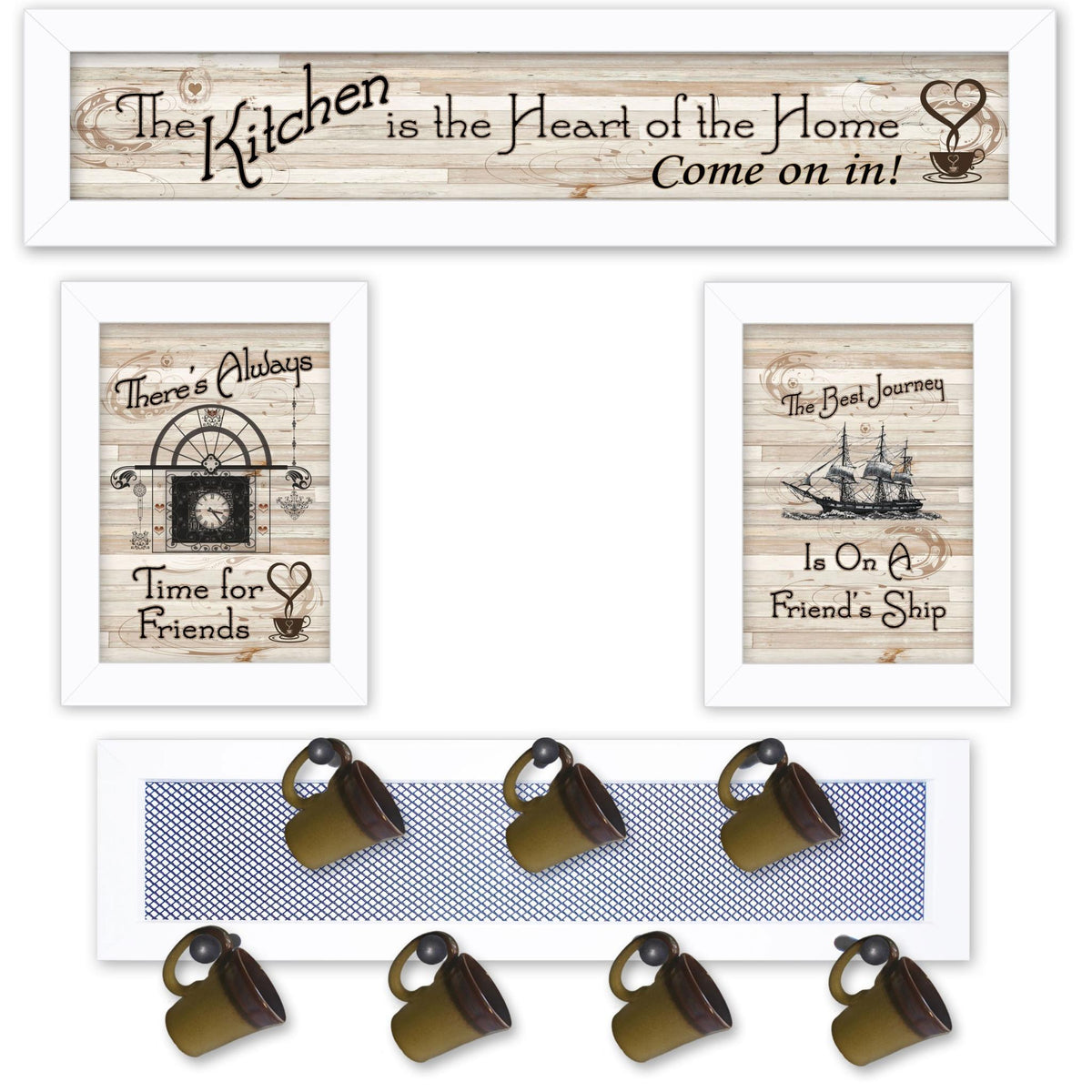 Set Of Four Kitchen Collection VI with Seven Peg Mug Rack 4 White Framed Kitchen Wall Art