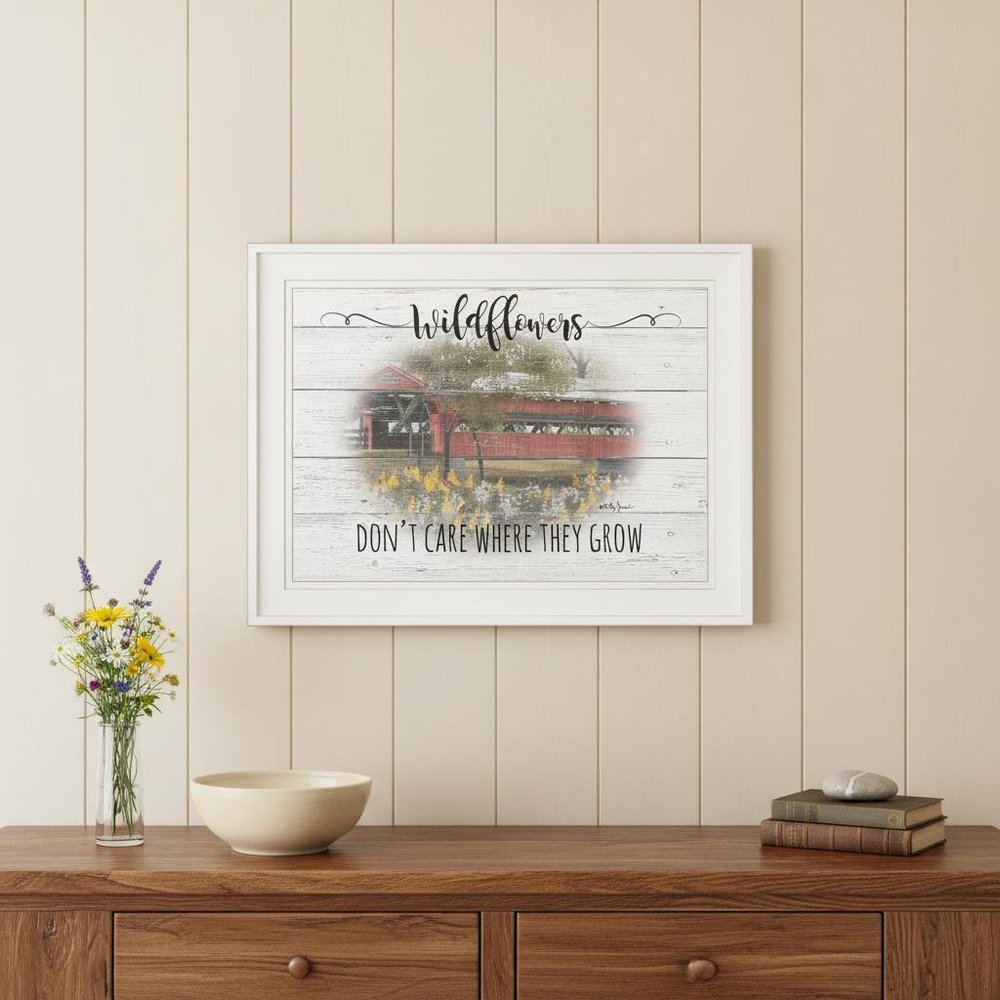 Wildflowers Covered Bridge White Framed Print Wall Art