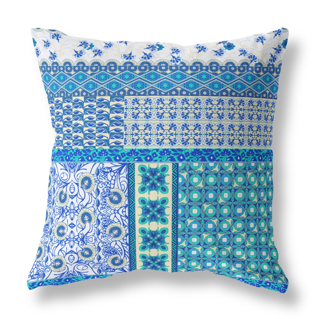 16” Turquoise Blue Patch Indoor Outdoor Zippered Throw Pillow